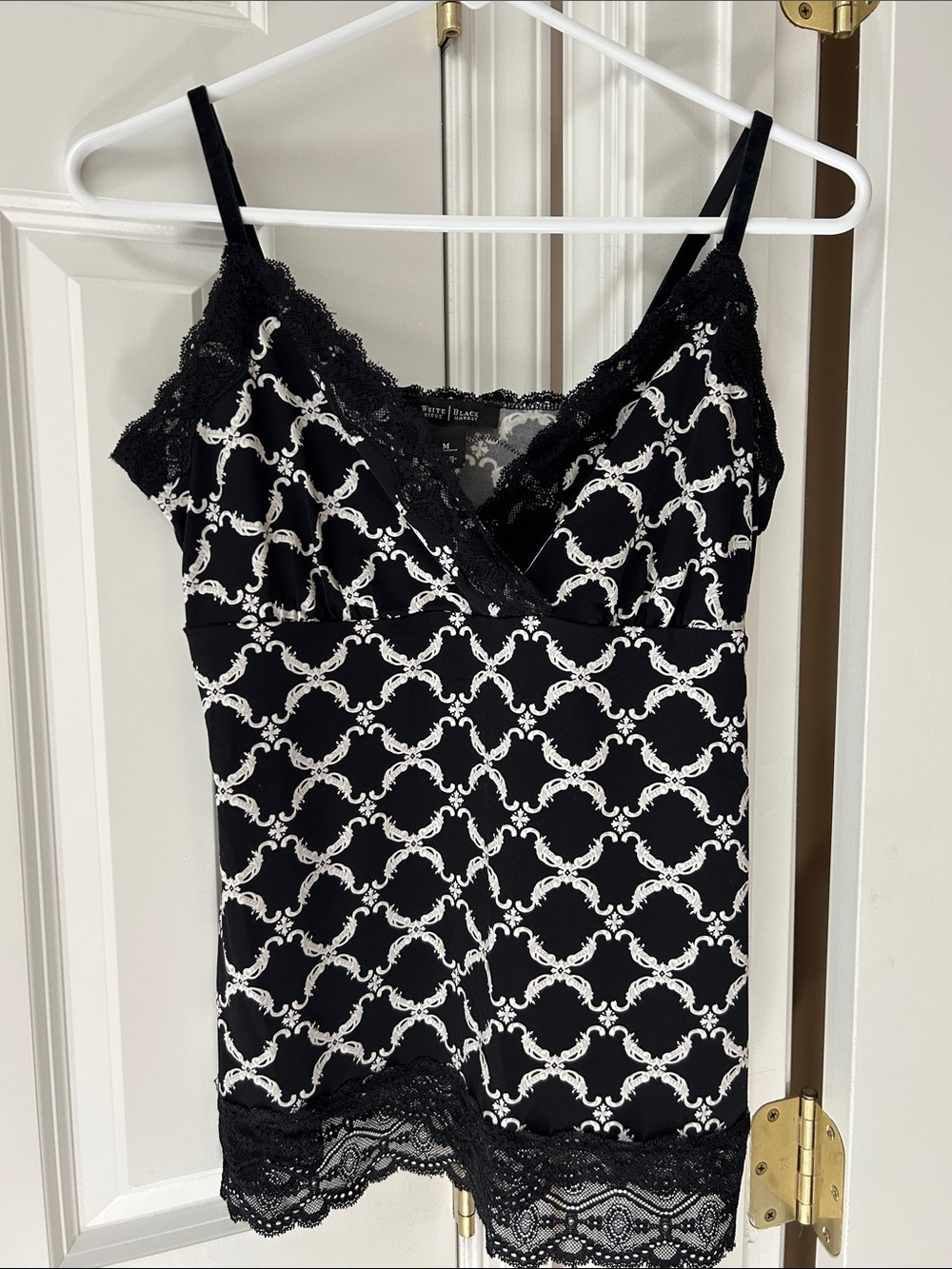 White House Black Market Black and White Printed Lace-Trim Camisole